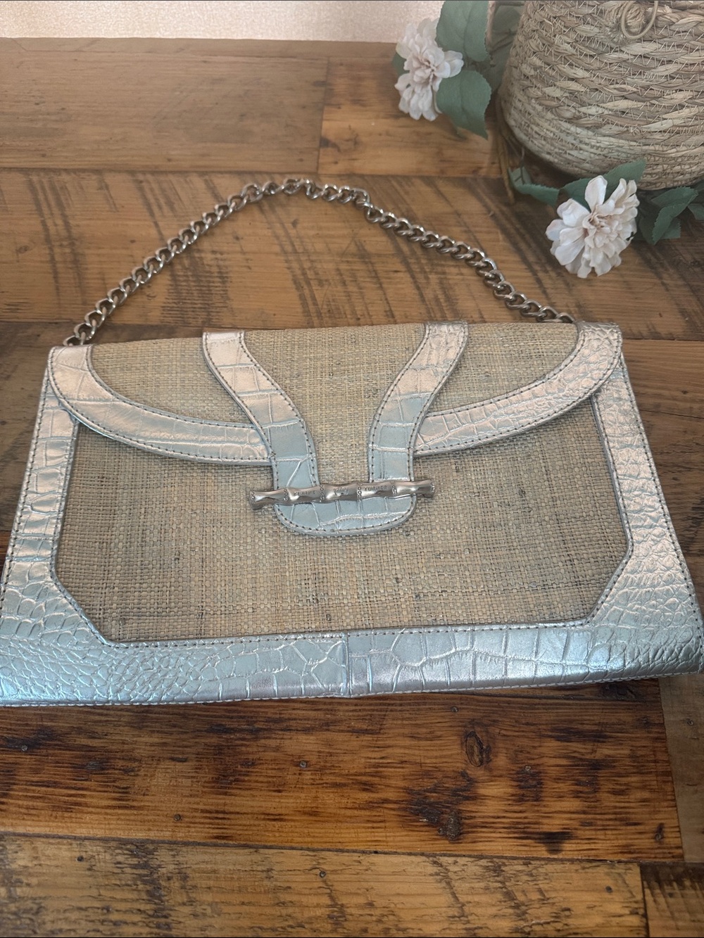 Elaine Turner Silver Metallic Trim Natural Woven Clutch with Chain